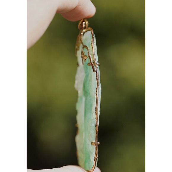 Antique 14k Solid Gold Natural Untreated Jadeite Jade & Diamond Pendant 28g - Picture 9 of 14